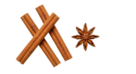 Three brown cinnamon sticks and a star anise pod on a transparent background, high-key studio flat lay, concept of pure natural ingredients