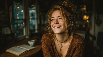 A young, happy redhead girl with freckles and curly hair in a messy bun smiles joyfully indoors, wearing a warm sweater