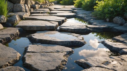 Naklejka premium Stone pathway with puddles reflecting the sky, surrounded by lush greenery.