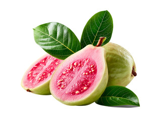 Summer tropical fruits for healthy lifestyle. Guava, whole fruit and half isolated on a transparent background