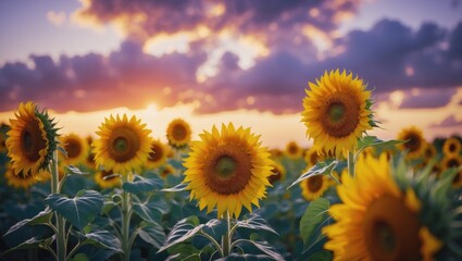 Obraz premium Sunflowers in a field at sunset with vibrant sky and clouds. Nature and agriculture, concept. Solar and energy technologies. The concept of renewable resources and natural beauty.