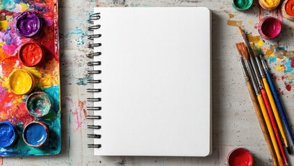 Blank sketchbook surrounded by art supplies