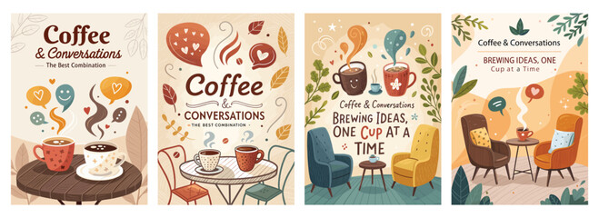 Charming coffee-themed illustrations promoting warm conversations and creativity.