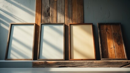 Four empty picture frames resting on a wooden shelf with shadows cast on the wall behind them.