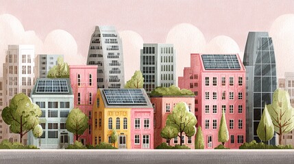 PASTELOWA ILUSTRACJA NOWOCZESNYCH BUDYNKÓW Z ZIELENIĄ MIEJSKĄ