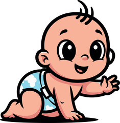Cute cartoon baby crawling happily forward, an adorable smiling infant character mascot in a blue diaper vector illustration.
