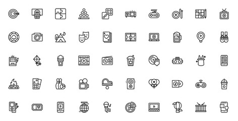 Entertainment icon set. 50+ vector symbols for games, sports, media & leisure. Includes target, basketball, poker chips, VR glasses, disco ball, cinema, music & more. Editable stroke.