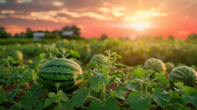 A closeup shot of a watermelon in a field during sunset. The watermelon is in the foreground, with its green and black striped pattern clearly visible. The sun casts a warm.