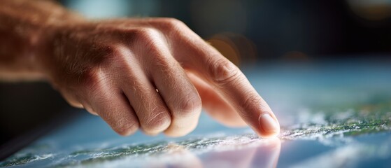 A close-up of a human finger gently touching a screen, highlighting interaction with technology and digital interfaces.