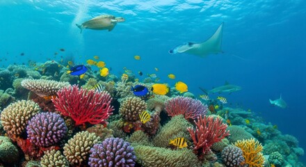 Fototapeta premium Vibrant coral reef teeming with marine life in tropical ocean waters