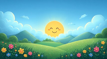 ILLUSTRAZIONE PIATTA DI UN SOLE SORRIDENTE SU UN PAESAGGIO CAMPESTRE