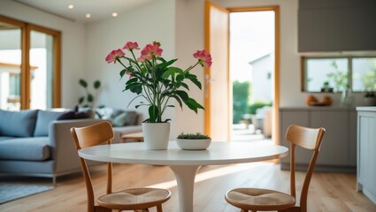 Obraz premium Bright, cozy home interior with a white round dining table and pink flowers in a white pot, spacious living area, large windows, and sunlight.