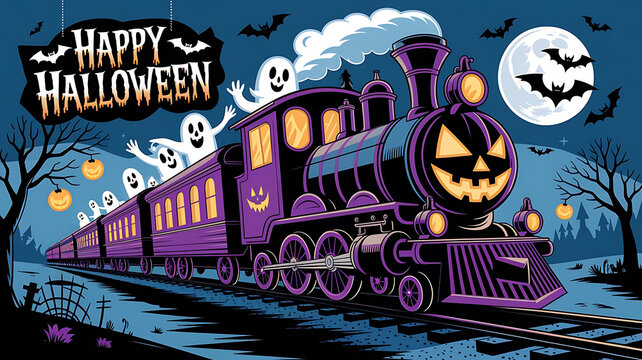 Whimsical Halloween Haunted Train with Ghosts and Pumpkin Engine. Happy Halloween Greeting