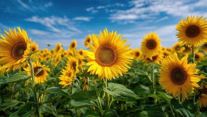 Obraz premium Sunny sunflower field under a partly cloudy sky (1)