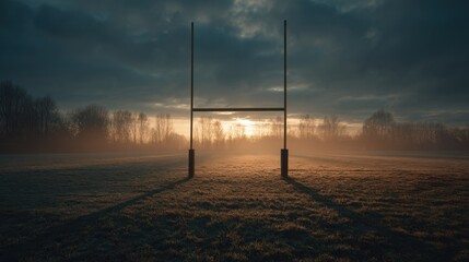 A tranquil rugby field at dawn, with goalposts silhouetted against a misty sunrise, creating a serene, atmospheric scene.