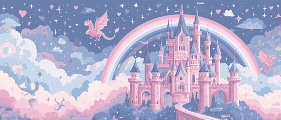 CASTELLO FIABESCO SU UNA COLLINA, ILLUSTRAZIONE PIATTA