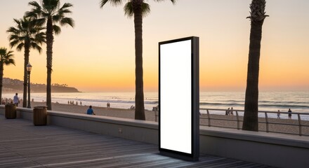 Blank digital billboard on scenic beach boardwalk at golden hour, perfect for advertising.