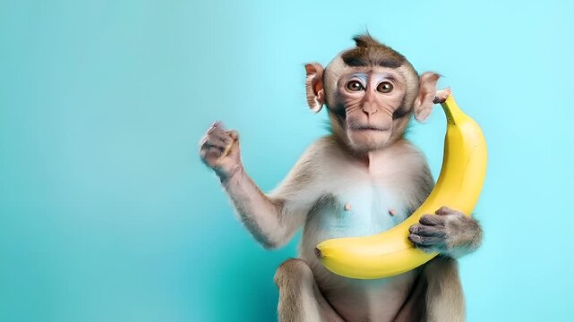 A monkey with a banana against a turquoise background. The monkey is holding a banana close to its face, with its right paw resting on the bananas stem. The banana is a bright yellow color.
