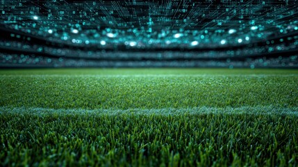 A futuristic soccer field with digital elements, featuring vibrant green grass and a backdrop of glowing binary code.