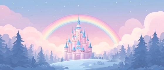 CASTELLO FIABESCO SU UNA COLLINA INNEVATA CON ARCOBALENO