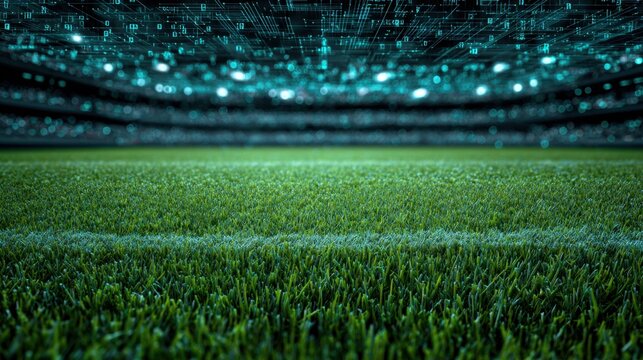 A futuristic soccer field with digital elements, featuring vibrant green grass and a backdrop of glowing binary code.