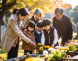 墓前で花を添えて手を合わせる