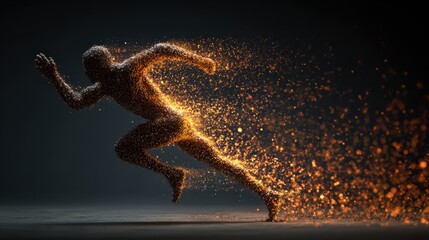 A dynamic figure embodies motion, depicted as a silhouette composed of glowing particles, suggesting speed and energy in a dark background.