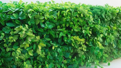 Obraz premium Dense green hedge made of lush foliage and leaves. Nature and landscaping, greenery, outdoor decor. The concept of garden design and plant care.