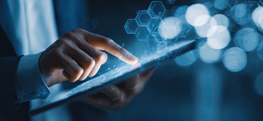 Close-up of hands holding a tablet, displaying digital interface with glowing hexagonal elements