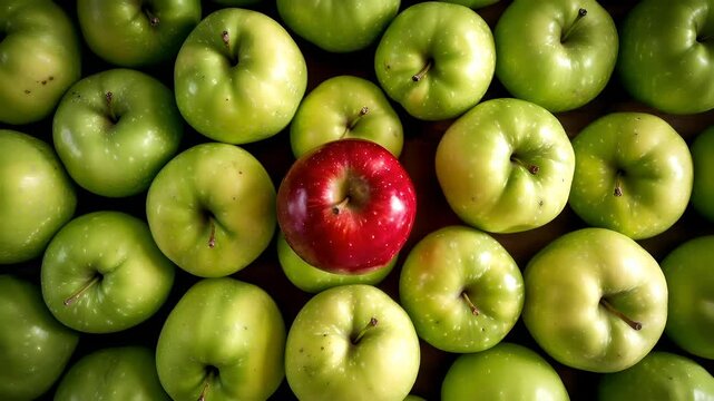 A closeup view of green apples with a red apple in the center. The apples are arranged in a grid pattern, with the red apple standing out prominently against the green ones.