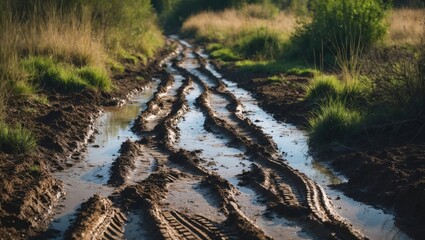 Naklejka premium Muddy dirt road with tire tracks and puddles in a rural area surrounded by green bushes and grass.
