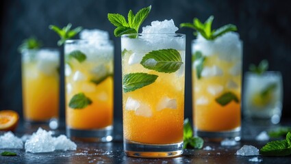 Fototapeta premium Multiple orange-colored drinks with mint leaves in tall glasses, ice, and crushed ice, presented on a dark surface.