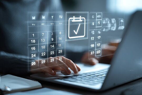 Person working on a laptop with a digital calendar overlay