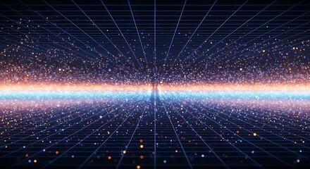 Futuristic digital landscape with glowing particles and a luminous data horizon.