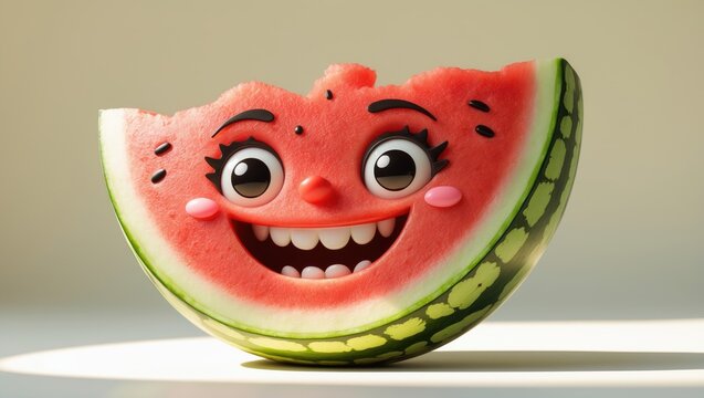 A cheerful animated watermelon with a smiling face and big eyes, showing the inside of the fruit in a playful, cartoon style.