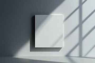 Blank white canvas on textured wall illuminated by window shadows in a room.