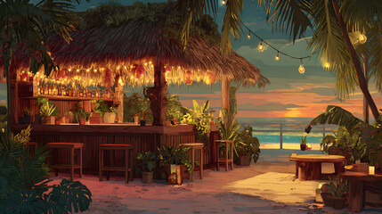 Tropical tiki bar paradise at sunset vibrant cocktails exotic decor lush vegetation and beachfront ambiance created by ai. Lush Tropical Paradise. Illustration