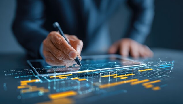 Businessperson using a tablet with holographic interface