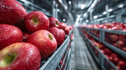 Warehouse Storage System Featuring Racks of Fresh Apples in Metal Crates