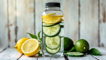 Fresh lemon and cucumber infused water in a glass bottle with slices inside, surrounded by whole lemons and limes on a rustic wooden surface.