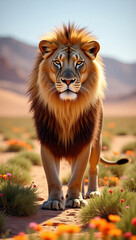 A majestic lion standing in a vibrant desert landscape at sunset.
