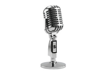 Fototapeta premium Gleaming silver retro microphone with polished chrome, vintage design, impeccable detail, isolated on a transparent background with soft studio light, timeless communication concept