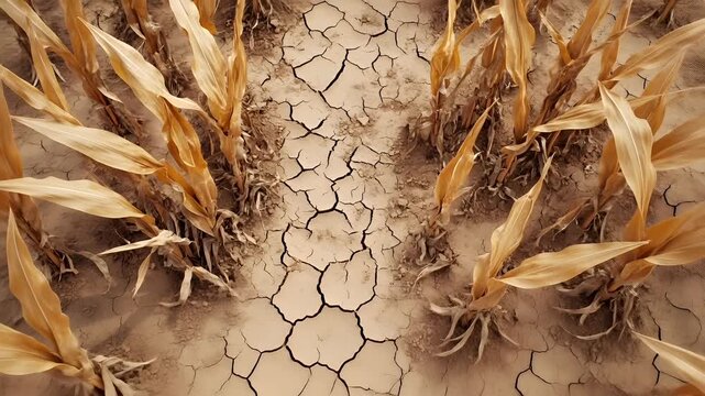 Aerial view of dried corn stalks on cracked earth, with a shallow depth of field emphasizing the texture and color of the dried corn. The image has a sepia tone, giving it a vintage feel.