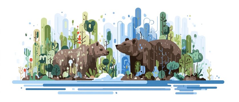 ILUSTRACJA PŁASKA: NIEDŹWIEDZIE I LISY SADZĄCE DRZEWA