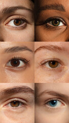Creative collage of six human eyes in varying colors, shapes, and skin tones, celebrating unique identities and natural diversity. Concept of inclusion, tolerance, equality, and skincare awareness.