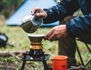 Brewing hot drip coffee at a campsite