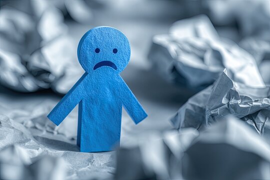 Sad blue figure surrounded by crumpled paper - Powered by Adobe