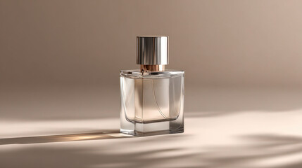 Minimalist perfume bottle with silver cap on a soft neutral background.