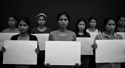 Black and white photo of women holding blank signs for protest or demonstration campaign concept