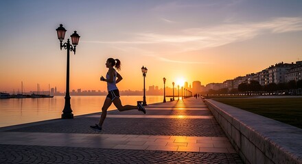 Woman running along a waterfront promenade at sunrise with buildings and street lamps visible